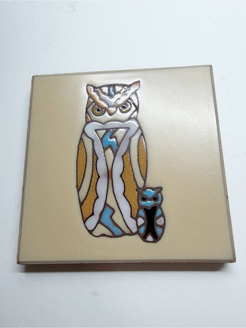Vintage Hand Painted Native Mosaic Owl Decorative Tile Plaque
